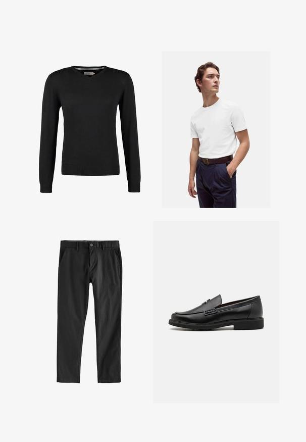 Czarny, dopasowany sweter z dekoltem w serek i długimi rękawami. Wykonany z miękkiej dzianiny, z prążkowanymi mankietami i pasem. Minimalistyczny design.; Biała bawełniana koszulka z okrągłym dekoltem noszona z granatowymi spodniami w kant i brązowym skórzanym paskiem z złotą klamrą.; Czarne spodnie z gładkiego materiału, z zapięciem na guzik, kieszeniami bocznymi i prostym krojem nogawek. Bez widocznych wzorów ani faktury.; Czarne syntetyczne mokasyny z wyraźnym przeszyciem z przodu, wyściełaną wkładką i płaską gumową podeszwą; smukły design z minimalnymi detalami.