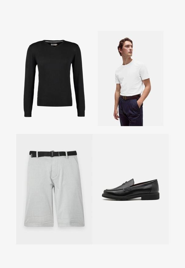 Svart, tajt V-ringad tröja med långa ärmar. Gjord av mjukt stickat tyg, med ribbade ärmslut och midja. Minimalistisk design.; Vit bomulls t-shirt med rund halsringning, bärs tillsammans med marinblå veckade byxor och ett brunt läderbälte med en gyllene spänne.; Ljusgrå shorts i en strukturerad väv, med ett justerbart svart bälte och två sidfickor, fållade vid knäna med en rak passform.; Svart syntetiska loafers med en framträdande söm på framsidan, vadderad sula och platt gummiyttersula; elegant design med minimalt detaljerad.