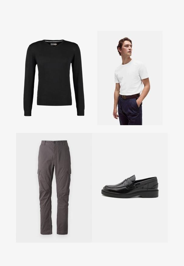 Sort, tætsiddende V-hals sweater med lange ærmer. Fremstillet af blødt strikstof, med ribbede manchetter og talje. Minimalistisk design.; Hvid bomulds T-shirt med rund halsudskæring, båret med marineblå plisserede bukser og et brunt læderbælte med en guldbuckle.; Grå cargo bukser med lige snit, der har flere sidelommer og forstærket syning langs benene. Lavet af slidstærkt stof.; Sorte læder loafers med en glat finish, rund tå, lav hæl og dekorativ syning langs forsiden. Gummisål for godt greb.