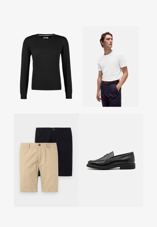 Zwarte, aansluitende V-hals trui met lange mouwen. Gemaakt van zachte gebreide stof, met geribbelde mouwen en zoom. Minimalistisch ontwerp.; Witte katoenen t-shirt met ronde hals, gedragen met marineblauwe geplooide broek en een bruine leren riem met een gouden gesp.; Twee paar shorts, één kaki en één zwart, gemaakt van katoen. Beide hebben een knoop, een platte voorkant en zijn knielang van ontwerp.; Zwarte synthetische loafers met een opvallende gestikte voorkant, gevoerde binnenzool en platte rubberen buitenzool; slank ontwerp met minimale details.