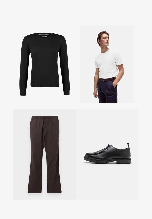 Sort, tætsiddende V-hals sweater med lange ærmer. Fremstillet af blødt strikstof, med ribbede manchetter og talje. Minimalistisk design.; Hvid bomulds T-shirt med rund halsudskæring, båret med marineblå plisserede bukser og et brunt læderbælte med en guldbuckle.; Mørkebrune elastiske bukser med snøre, der har et lige ben-design og glat, struktureret stof.; Sort læder snøresko med en robust sål og en pull tab ved hælen, vist fra siden på en hvid baggrund.