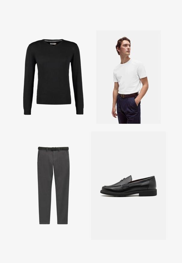 Černý, přiléhavý svetr s V-výstřihem a dlouhými rukávy. Vyrobeno z měkké pleteniny, s žebrovanými manžetami a pasem. Minimalistický design.; Bílý bavlněný tričko s kulatým výstřihem nošené s námořnickými plisovanými kalhotami a hnědým koženým páskem se zlatou sponou.; Šedé kalhoty vyrobené z tkané látky, s rovnými nohavicemi, bočními kapsami a černým koženým opaskem se stříbrnou sponou.; Černé syntetické mokasíny s výrazně prošívanou špicí, měkkou stélkou a plochou gumovou podrážkou; elegantní design s minimálním zdobením.
