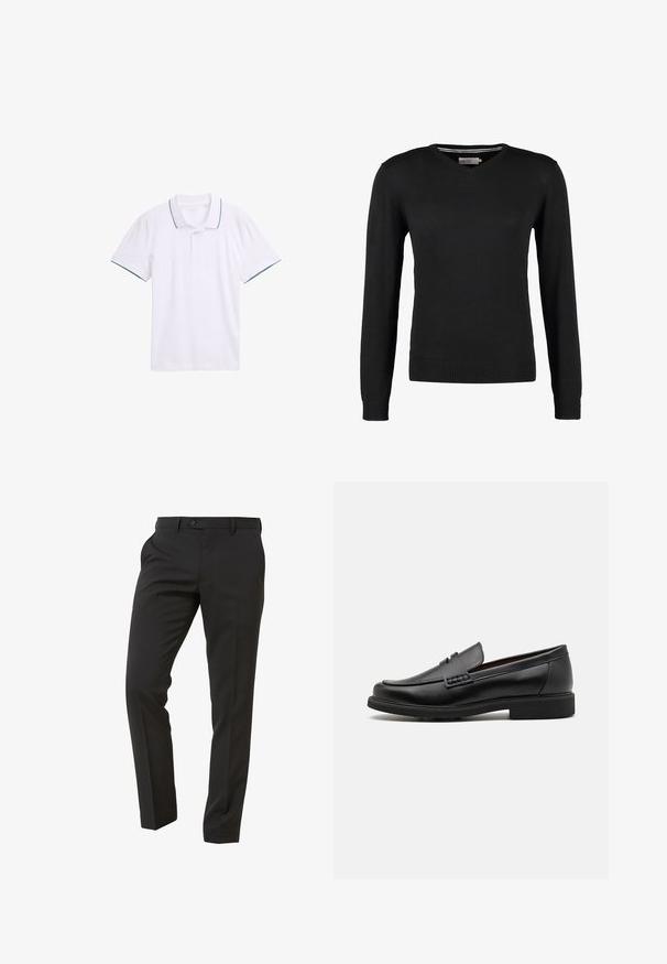 Juodas, prigludęs V-kaklo megztinis su ilgomis rankovėmis. Pagamintas iš minkštos mezgimo medžiagos, su raukšlėtais rankogaliais ir juosmeniu. Minimalistinio dizaino.; Balta polo marškinėliai, pagaminti iš medvilnės, su klasikiniu apykakle, trumpomis rankovėmis ir tamsiai mėlynu apvadu ant apykaklės ir rankovių kraštų.; Next Trousers - Suit Trousers Slim Fit - Kostiuminės kelnės - mottled black; Juodi sintetiniai loafers tipo batai su išryškintu siuvinėjimu priekyje, paminkštinta pado dalimi ir plokščiu guma padu; elegantiškas dizainas su minimaliu dekoravimu.