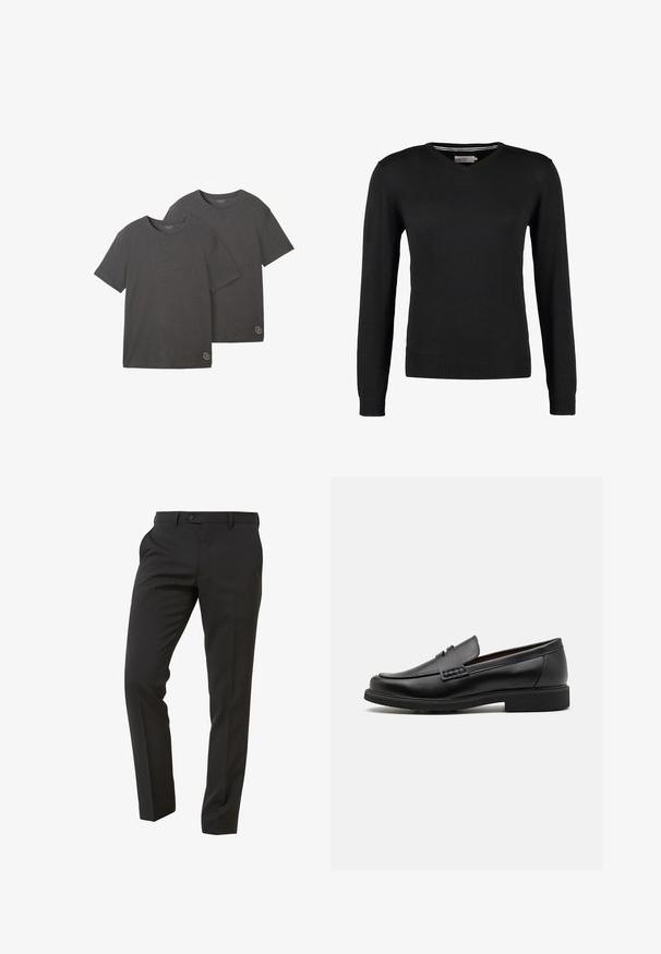 Czarny, dopasowany sweter z dekoltem w serek i długimi rękawami. Wykonany z miękkiej dzianiny, z prążkowanymi mankietami i pasem. Minimalistyczny design.; Dwie koszulki z krótkim rękawem w kolorze ciemnoszarym, wykonane z miękkiej mieszanki bawełny, z okrągłym dekoltem i małym detalem logotypu przy dolnym brzegu.; Next Trousers - Suit Trousers Slim Fit - Spodnie garniturowe; Czarne syntetyczne mokasyny z wyraźnym przeszyciem z przodu, wyściełaną wkładką i płaską gumową podeszwą; smukły design z minimalnymi detalami.