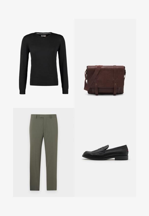 Μαύρο, εφαρμοστό, πουλόβερ με V-ανοιχτό λαιμό και μακριά μανίκια. Κατασκευασμένο από μαλακό ύφασμα πλεκτής υφής, με ριμπ μανσέτες και ζώνη. Ελάχιστος σχεδιασμός.; Χαμηλοί, ελκυστικοί, ελαιόχρωμοι παντελόνια φτιαγμένα από λεία ύφανση, με επίπεδο μπροστινό μέρος, θηλιές ζώνης και πλαινές τσέπες. Ραμμένο σχέδιο και καθαρές γραμμές.; Μαύρα δερμάτινα λοφράκια με απαλή επιφάνεια, στρογγυλή μύτη και μικρό διακοσμητικό καπάκι. Διαθέτουν χαμηλό ψηλό τακούνι και διακριτική λεπτομέρεια σήμανσης.; Καφέ δερμάτινη τσάντα messenger με επίπεδη μπροστινή καπάκι, δύο λουριά, χρυσές μεταλλικές λεπτομέρειες και ρυθμιζόμενο ιμάντα ώμου.