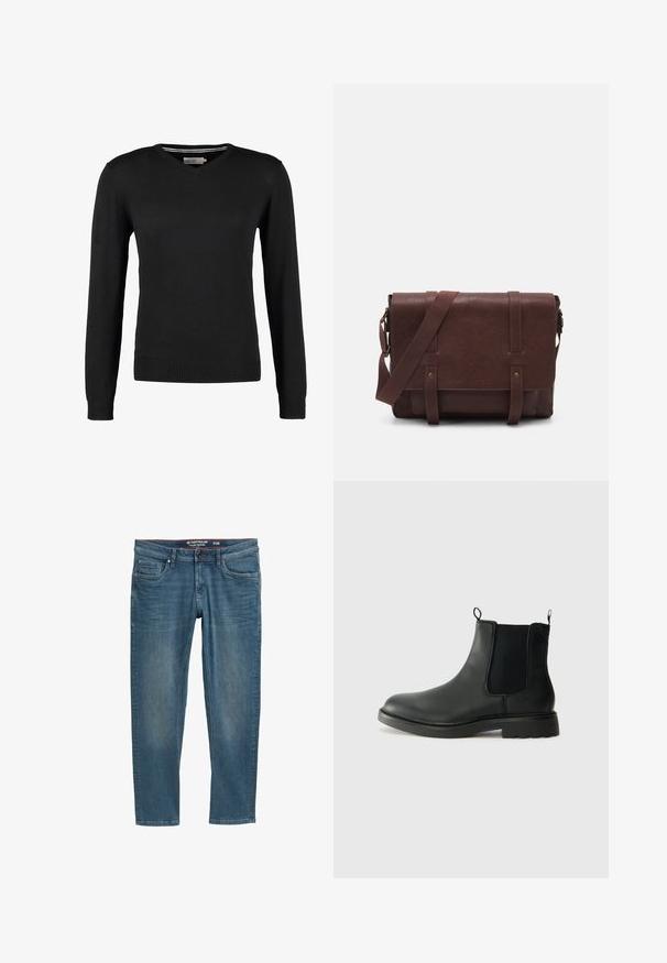 Pulover negru, slim fit, cu decolteu în V și mâneci lungi. Fabricat dintr-un tricot moale, având manșete și talie ribbenute. Design minimalist.; Jeans din denim albastru cu o croială îngustă, design cu cinci buzunare și o talie interioară roșie. Prezintă o etichetă cu logo pe buzunarul din spate.; Bocanci Chelsea din piele neagră, cu panouri laterale elastice, mânere de prindere, vârf rotunjit și talpă din cauciuc texturat. Suprafață netedă și design robust.; Geantă de umăr din piele maro, cu un capac frontal plat, două curele, accente din hardware auriu și o curea de umăr reglabilă.