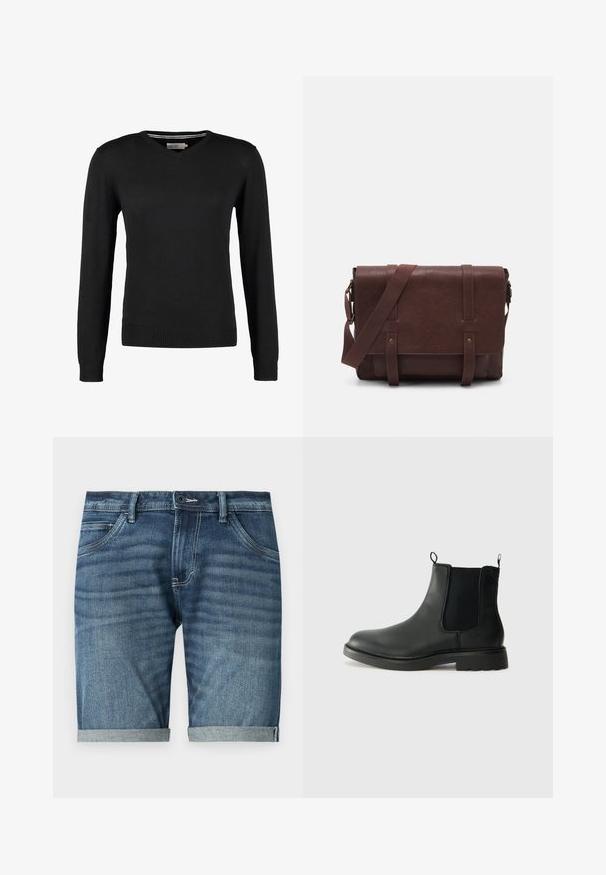 Pulover negru, slim fit, cu decolteu în V și mâneci lungi. Fabricat dintr-un tricot moale, având manșete și talie ribbenute. Design minimalist.; Șorturi din denim de culoare albastru închis, cu un uzat subtil. Prezintă margini răsucite, design cu cinci buzunare și închidere cu un nasture în față.; Bocanci Chelsea din piele neagră, cu panouri laterale elastice, mânere de prindere, vârf rotunjit și talpă din cauciuc texturat. Suprafață netedă și design robust.; Geantă de umăr din piele maro, cu un capac frontal plat, două curele, accente din hardware auriu și o curea de umăr reglabilă.