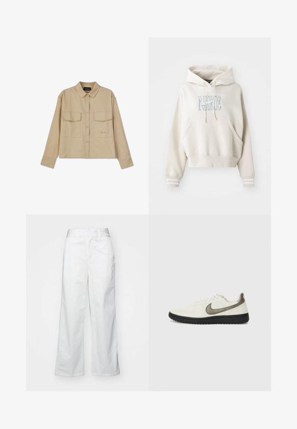 Cream hoodie made of soft fabric, featuring a front pocket, large hood, and ribbed cuffs with white stripes. Nike logo prominently displayed.; Beige long-sleeve shirt made of soft fabric, featuring button closure, two chest pockets, and a straight hem. Subtle logo embroidery on front.; White wide-leg trousers made from cotton, featuring a smooth texture, straight fit, front pockets, and a clean hem.; Nike Sportswear FIELD GENERAL - Trainers - off-white/black
