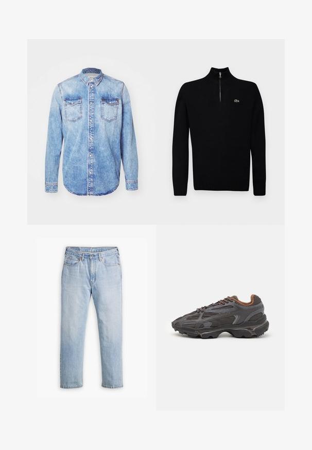 Crna lagana džemperica s ovratnikom na zatvarač na polovici, rebrastim manžetama i rubovima, s malim zelenim logotipom na prsima.; Svijetloplava traper košulja dugih rukava, s kragnom na dugme, dva džepa na prsima i kontrastnim šavovima. Zaobljeni rub i klasičan kroj.; Svijetloplave traperice s ravnim nogavicama, pet džepova i kontrastnim šavovima. Dužina gumba i zatvarača na struku.; Lacoste tenisice u tamno sivoj boji s mrežastim i sintetičkim materijalom, s teksturiranom potplatom i smešnim akcentima na ovratniku i brandiranju.
