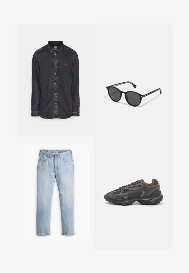 Zwarte lichtgewicht trui met een halve rits kraag, ribgebreide manchetten en zoom, met een klein groen logo op de borst.; Diesel SIMPLY - Overhemd - black; Lichtblauwe denim jeans met een recht model, vijf zakken en contrasterende stiksels. Knopen- en ritssluiting bij de taille.; Lacoste sneakers in donkergrijs van mesh en synthetisch materiaal, met een gestructureerde zool en bruine accenten op de kraag en branding.; BOSS Zonnebril - black