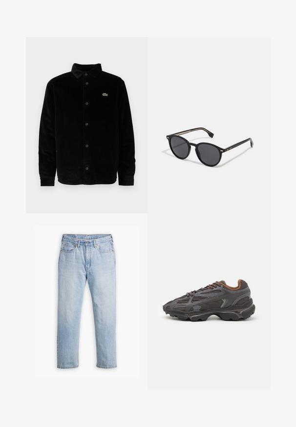 Czarny, lekki sweter z półzamkiem, z prążkowanymi mankietami i dołem, z małym zielonym logo na piersi.; Lacoste - Koszula; Jasnoniebieskie dżinsy wykonane z denimu o prostym kroju, styl pięciu kieszeni i kontrastowe szwy. Zapięcie na guziki i zamek błyskawiczny w talii.; Sneakers Lacoste w ciemnoszarym kolorze, wykonane z siateczki i materiału syntetycznego, z teksturowaną podeszwą oraz brązowymi akcentami na kołnierzu i logotypie.; BOSS Okulary przeciwsłoneczne