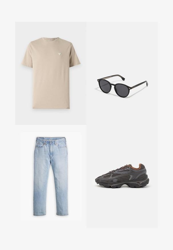 Sweater leve de cor preta com colarinho de meio zíper, punhos e barra canelados, apresentando um pequeno logótipo verde no peito.; T-shirt de algodão bege com mangas curtas, decote redondo e um pequeno logótipo triangular bordado no lado esquerdo do peito. Textura suave.; Jeans de denim azul claro com um design de perna reta, estilo de cinco bolsos e costura contrastante. Fecho com botão e zíper na cintura.; Ténis Lacoste em cinza-escuro com material em malha e sintético, apresentando uma sola texturizada e detalhes castanhos na gola e na marca.; BOSS Óculos de sol - black