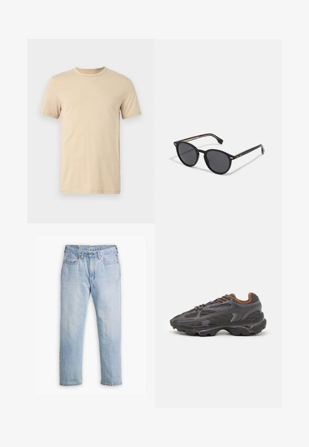 Black lightweight sweater with a half-zip collar, ribbed cuffs and hem, featuring a small green logo on the chest.; Beige cotton t-shirt with short sleeves, a crew neckline, and embossed LOGO text on the front. Smooth texture and standard fit.; Light blue denim jeans with a straight leg design, five-pocket style, and contrasting stitching. Button and zipper closure at the waist.; Lacoste sneakers in dark gray with mesh and synthetic material, featuring a textured sole and brown accents on the collar and branding.; BOSS Sunglasses - black