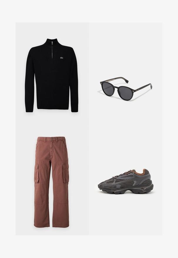 Crna lagana džemperica s ovratnikom na zatvarač na polovici, rebrastim manžetama i rubovima, s malim zelenim logotipom na prsima.; Cargo hlače u boji hrđe, izrađene od izdržljive tkanine. Imaju velike bočne džepove, ravne nogavice i kopčanje gumbom na struku.; Lacoste tenisice u tamno sivoj boji s mrežastim i sintetičkim materijalom, s teksturiranom potplatom i smešnim akcentima na ovratniku i brandiranju.; BOSS Sunčane naočale - black