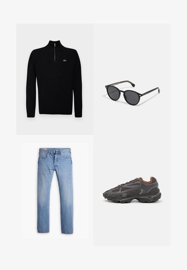 Maglione leggero nero con collo a mezza zip, polsini e orlo a coste, caratterizzato da un piccolo logo verde sul petto.; Levi's® 501® ORIGINAL - Jeans a sigaretta - smooth cruise cool; Sneaker Lacoste grigie scure in materiale mesh e sintetico, con suola testurizzata e dettagli marroni sul colletto e sul branding.; BOSS Occhiali da sole - black