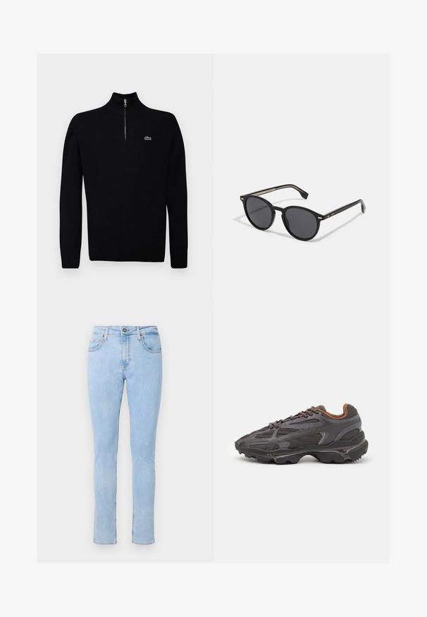 Fekete, könnyű pulóver félig cipzáros gallérral, bordás mandzsettákkal és aljjal, a mellkason egy kis zöld logóval.; Világoskék farmernadrág, testhez álló kivitelben, öt zsebes stílus, elülső gombos záródással és enyhe kopással. Slim fazonú, egyenes szárú.; Sötét szürke Lacoste sportcipők hálós és szintetikus anyagból, textúrázott talppal és barna díszítésekkel a nyak részen és a logón.; BOSS Napszemüvegek - black