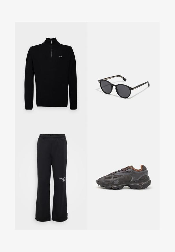 Black lightweight sweater with a half-zip collar, ribbed cuffs and hem, featuring a small green logo on the chest.; Black sweatpants with a relaxed fit, made of soft fabric. Features an elastic waistband and side pockets, with a logo on one leg.; Lacoste sneakers in dark gray with mesh and synthetic material, featuring a textured sole and brown accents on the collar and branding.; BOSS Sunglasses - black
