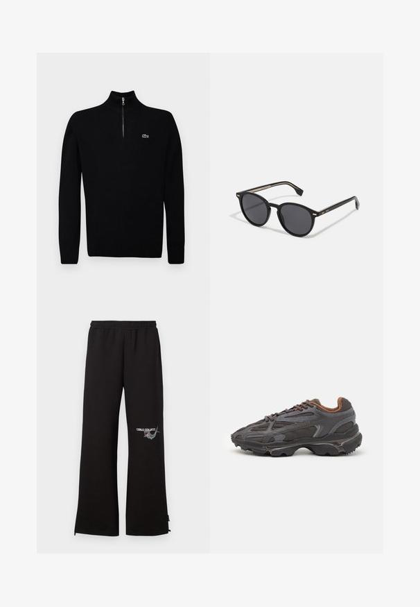 Czarny, lekki sweter z półzamkiem, z prążkowanymi mankietami i dołem, z małym zielonym logo na piersi.; Czarne dresy z elastycznym paskiem w talii, z haftowanym logo i graficznym detalem na lewej nogawce. Proste nogawki z zamkami błyskawicznymi na mankietach.; Sneakers Lacoste w ciemnoszarym kolorze, wykonane z siateczki i materiału syntetycznego, z teksturowaną podeszwą oraz brązowymi akcentami na kołnierzu i logotypie.; BOSS Okulary przeciwsłoneczne