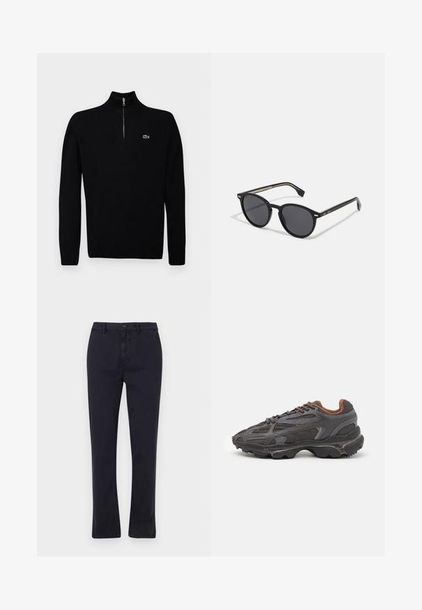 Fekete, könnyű pulóver félig cipzáros gallérral, bordás mandzsettákkal és aljjal, a mellkason egy kis zöld logóval.; Sötétkék pamut nadrág egyenes lábbal, elülső cipzárral és gombos záródással; övhurkokkal és oldalsó zsebekkel rendelkezik.; Sötét szürke Lacoste sportcipők hálós és szintetikus anyagból, textúrázott talppal és barna díszítésekkel a nyak részen és a logón.; BOSS Napszemüvegek - black