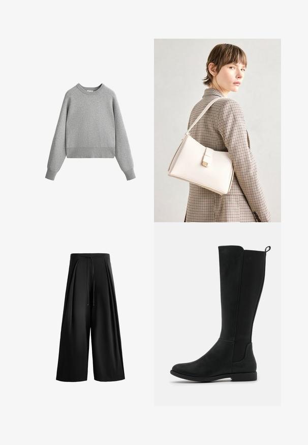Szürke, garbónyakú pulóver hosszú raglán ujjakkal. Puha anyagból készült, bordás nyakkal és szegéllyel. Könnyű és laza dizájn.; Fekete, bő szárú nadrág sima anyagból, húzózsinóros derékrésszel és plissézett elülső részlettel a textúra és a térfogat fokozása érdekében.; Térdig érő fekete műbőrből készült csizmák sima felülettel, rugalmas oldalsó panelekkel és alacsony, lapos talppal a kényelem érdekében.; Fehér bőr táska strukturált dizájnnal, mágneses záródással és vállpánttal, semleges háttér előtt bemutatva.