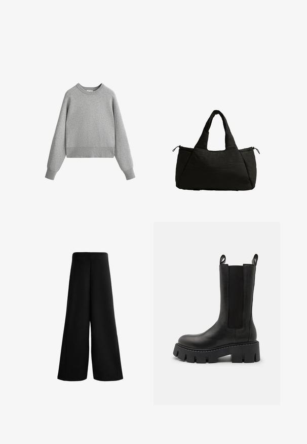 Pulover gri cu guler rotund și mâneci lungi de tip raglan. Fabricat dintr-un material moale, având un guler și o tijă ribbate. Design ușor și casual.; Pantaloni negri cu croială largă, confecționați dintr-o țesătură moale. Prezintă o talie înaltă și o textură netedă cu linii clare, oferind o croială lejeră și relaxată.; Botine negre din piele cu panouri laterale elastice, bucle pentru tragere, talpă groasă cu profil adânc și detalii de cusătură întărită. Suprafața are o textură netedă.; Geantă tote neagră cu o textură pufoasă, având două mânere scurte și o buzunar lateral prins cu șnur. Design simplu, unghiular.