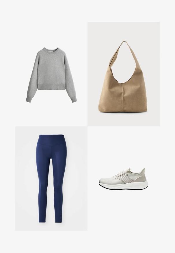 Grauer Crewneck-Sweater mit langen Raglanärmeln. Hergestellt aus weichem Material, mit einem gerippten Kragen und Saum. Leicht und lässig gestaltet.; Navyblaue Leggings aus dehnbarem Material, mit hohem Bund, glatter Textur und durchgehendem Design ohne Muster oder Metallteile.; Leichte Sport-Schuhe aus beigem Netzmaterial mit strukturierter Oberfläche, ausgestattet mit einer weißen Sohle und tonalen seitlichen Akzenten. Einfaches Schnürdesign.; Hobo-Tasche aus weichem beigen Wildleder mit einer lässigen Form, breitem Schulterriemen und einer handgestickten Nahtdetail entlang der Vorderseite.