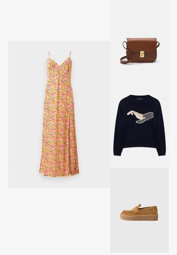 Tamsiai mėlynas megztinis su kreminės spalvos paukščio grafiką. Dizainas apima linijines formas ir pulpino apykaklę bei rankogalius.; Gėlėtas ilgis su plonomis petnešėlėmis, su rožine, oranžine ir žaliai raštu. Lengvas audinys su plazdančiu dizainu ir V formos iškirpte.; Rudos suedinės loafer tipo bateliai su apvaliu pirštu, turintys raukšlėtą platformos padą ir dekoratyvinę juostą per viršutinę dalį.; Ruda odinė rankinė su uždaromu dangteliu, aukso spalvos detalėmis, petneša ir lygiu paviršiumi. Kompaktiška stačiakampio formos.