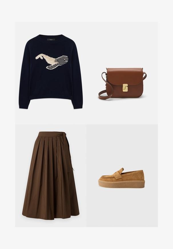 Tumši zilas krāsas adīta džemperis ar krēmkrāsas putna grafiku. Dizains ietver lineāras formas un ribota apkakli un piedurknes.; Brūna grebtu svārku izgatavošana no auduma ar gludu tekstūru, ar augstu jostu un sānu sasaistes detaļu aizvēršanai.; Brūni zamšādas loafers ar apaļu purngalu, ar ribotu platformas zoli un dekoratīvu siksnu pāri augšdaļai.; Bordo ādas rokas soma ar atloku, zeltītām detaļām, plecu siksnu un gludu virsmu. Kompakta, taisnstūrveida forma.