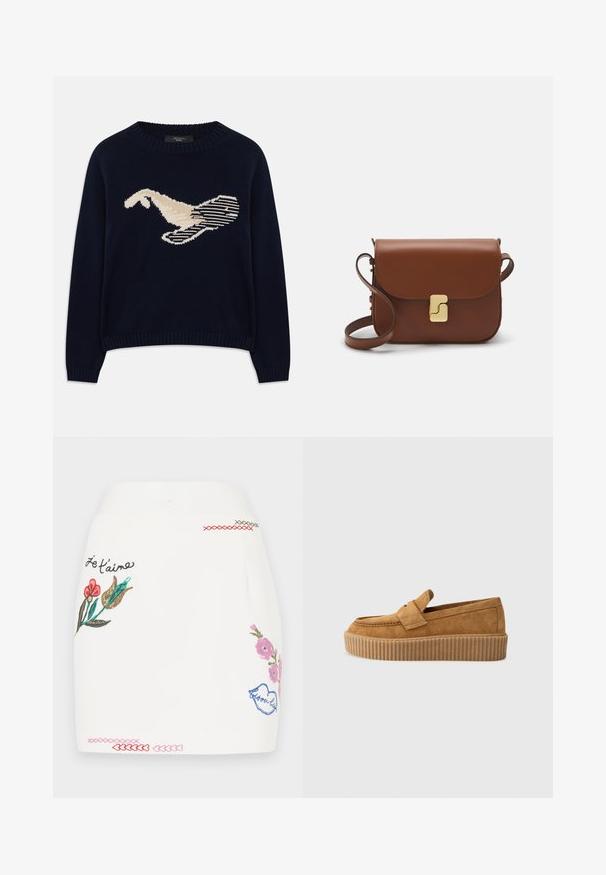 Tengerészkék kötött pulóver, amelyen egy krémszínű madár grafika található. A dizájn vonalas mintákat és bordázott nyakat, valamint mandzsettákat tartalmaz.; Fehér szoknya, színes virágos hímzéssel rózsaszínben, pirosban és zöldben. Dekoratív varrási részletekkel a szegélyen és a "Je t'aime" felirattal.; Barna velúr lódon, kerek orral, bordázott platform talppal és díszes pánttal a felső részen.; Barna bőr kézitáska, hajtókás zárással, arany színű fém kiegészítőkkel, vállpánttal és sima felülettel. Kompakt téglalap alakú.