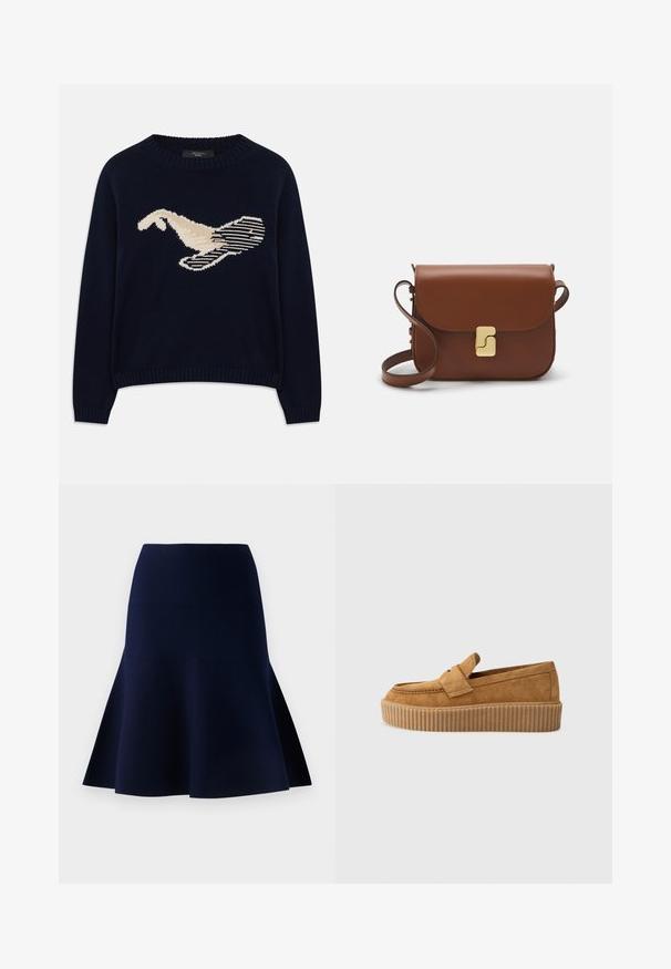 Jersey de punto azul marino con un gráfico de color crema de un pájaro. El diseño incluye patrones lineales y un cuello y puños acanalados.; Falda acampanada de color marino hecha de una tela suave. Presenta una cintura ajustada y un diseño de dobladillo en capas, creando una sutil silueta en A.; Mocasín de ante marrón con punta redonda, presentado con una suela de plataforma estriada y una cinta decorativa en la parte superior.; Bolso de mano de cuero marrón con cierre de solapa, herrajes en tono dorado, correa para el hombro y una textura suave. Forma rectangular compacta.