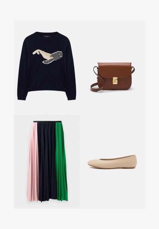 Mörkblå stickad tröja med en krämfärgad grafik av en fågel. Designen inkluderar linjära mönster samt ribbade muddar och halsringning.; Fållad kjol med paneler i rosa, marinblått och grönt. Tillverkad av mjukt tyg med elastiskt midjeband för en bekväm passform.; Beige läderballetskor med rund tå, minimal sömnadsdetaljering, låg klack och diskret logotyp på baksidan. Slät, matt yta.; Brun läderhandväska med klaffstängning, guldfärgad hårdvara, axelrem och en slät yta. Kompakt rektangulär form.
