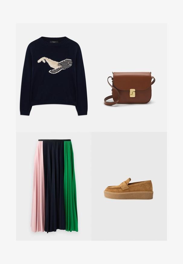 Navy blue knit sweater featuring a cream-colored graphic of a bird. The design includes linear patterns and a ribbed neckline and cuffs.; Pleated skirt featuring panels in pink, navy, and green. Made of soft fabric with an elasticated waistband for a comfortable fit.; Brown suede loafer with a round toe, featuring a ribbed platform sole and a decorative strap across the upper.; Brown leather handbag with a flap closure, gold-tone hardware, a shoulder strap, and a smooth texture. Compact rectangular shape.