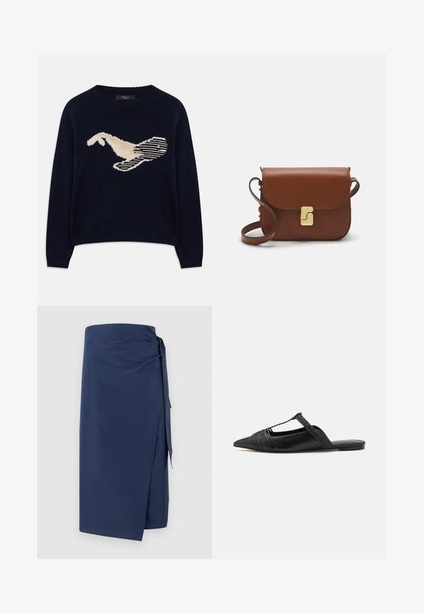 Tumši zilas krāsas adīta džemperis ar krēmkrāsas putna grafiku. Dizains ietver lineāras formas un ribota apkakli un piedurknes.; Navy zila apvalkota svārku ar gludu audumu, kura iezīmes ir sasieta akcenta detaļa, taisna silueta un viegla drapējuma efekts, kas piešķir papildu faktūru.; Melnas ādas slingback kurpes ar norādītu purngali, kurām ir austoša akcenta un krokota augšdaļa. Plakana zole ar minimālu aparatūru.; Bordo ādas rokas soma ar atloku, zeltītām detaļām, plecu siksnu un gludu virsmu. Kompakta, taisnstūrveida forma.