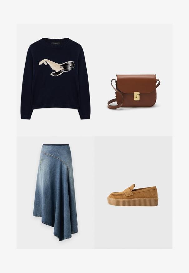 Tmavě modrý pletený svetr se smetanovým grafickým motivem ptáka. Design obsahuje liniové vzory a žebrovaný výstřih a manžety.; Denimová zavinovací sukně v přechodu od světle modré po tmavě modrou, s vyšitým květinovým vzorem na jedné straně a viditelným švem podél okrajů.; Hnědé semišové mokasíny s kulatou špičkou, se žebrovanou platformou a dekoračním páskem přes vrch.; Hnědá kožená kabelka s klopou, zlatými kovovými detaily, ramenním popruhem a hladkým povrchem. Kompaktní obdélníkový tvar.
