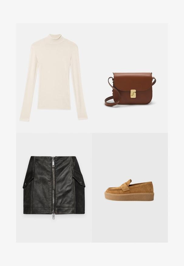 Maglione a maglia blu navy con una grafica color crema di un uccello. Il design include motivi lineari e un colletto e polsini a coste.; Maglione a collo alto di colore crema, con maniche lunghe, realizzato in un tessuto morbido e leggero. Presenta un design aderente con cuciture lisce e un colletto stretto.; Gonna mini in pelle nera con zip frontale, due tasche laterali e una texture liscia. Presenta cuciture rinforzate e un design strutturato.; Mocassino in suede marrone con punta rotonda, dotato di suola a piattaforma rigata e una fascia decorativa sulla parte superiore.; Borsa a tracolla in pelle marrone con chiusura a pattina, hardware color oro, tracolla e una finitura liscia. Forma rettangolare compatta.