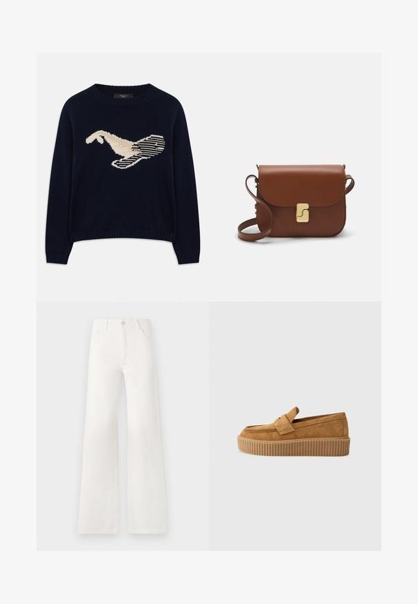 Mørkeblå striktrøje med en cremefarvet grafik af en fugl. Designet inkluderer linære mønstre samt ribbet halsudskæring og manchetter.; Hvide, højtaljede bukser med bred ben lavet af denim. Har en knaplukning, to forlommer og sidesømme med syningsdetaljer.; Brune ruskinds loafers med rund tå, der har en ribbet platformssål og et dekorativt bånd henover overdelen.; Brun læder håndtaske med flaplukning, hardware i gyldent tone, en skulderrem og en glat overflade. Kompakt rektangulær form.