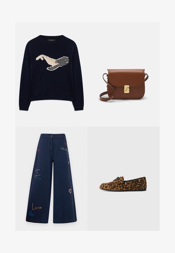 Navy blue neulepaita, jossa on kermanvärinen linnugrafiikka. Suunnittelussa on viivamaisia kuvioita sekä ribbireunat kauluksessa ja hihoissa.; Tummansiniset leveälahkeiset housut puuvillasta, joissa on useita taskuja. Ominaisuuksiin kuuluu värikkäitä brodeerattuja tekstejä ja grafiikoita, kuten sydämiä ja leikkisiä lauseita.; Loafers leopardikuosisella kuvioinnilla, pehmeällä pinnalla, pyöreällä muodolla, mustilla nauhoilla ja kultaisilla rinnoilla, joissa on litteä kumipohja.; Ruskea nahkainen käsilaukku, jossa on läppäkiinnitys, kultasävyiset yksityiskohdat, olkahihna ja sileä pinta. Kompaktin suorakaiteen muotoinen.