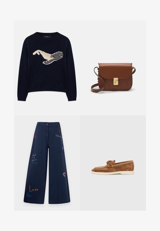 Suéter de malha azul-marinho com um gráfico de uma ave em creme. O design inclui padrões lineares e um decote e punhos canelados.; Calças largas em azul marinho em algodão com múltiplos bolsos. Apresenta texto e gráficos bordados coloridos, incluindo corações e frases divertidas.; Mocassins de camurça castanhos com um detalhe de laço atado, um design de perfil baixo e uma sola de borracha creme contrastante.; Bolsa de couro castanho com fecho de aba, decoração em tom dourado, alça de ombro e textura suave. Formato retangular compacto.