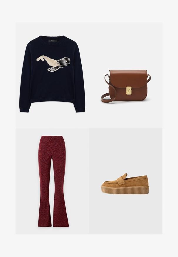Tumši zilas krāsas adīta džemperis ar krēmkrāsas putna grafiku. Dizains ietver lineāras formas un ribota apkakli un piedurknes.; Sarkani platēti bikses ar samtainu leopardu rakstu, gludu tekstūru un elastīgu jostasvietu komfortam.; Brūni zamšādas loafers ar apaļu purngalu, ar ribotu platformas zoli un dekoratīvu siksnu pāri augšdaļai.; Bordo ādas rokas soma ar atloku, zeltītām detaļām, plecu siksnu un gludu virsmu. Kompakta, taisnstūrveida forma.