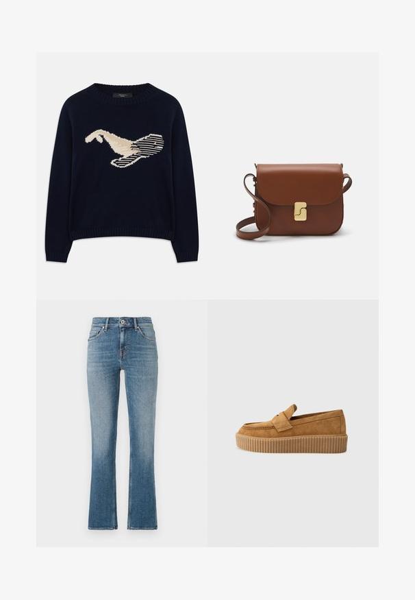 Tumed sinine kudum-sweater, millel on kreemjas värvuses lindude graafika. Kujundus sisaldab lineaarseid mustreid ning soonikkoes krae ja varrukaotsi.; Heledad sinine denimist flared teksad, keskmise tõusuga vöökoht, viie taskuga disain ja kontrastne õmblemine. Sile tekstuur kerge pleekimisega.; Pruun nubukloafer ümmarguse varbaga, ribadega platvormi tallaga ja dekoratiivse rihmaga ülevalt.; Pruunist nahast käekott, millel on klapiga sulgur, kuldne riistvara, õlarihm ja sile tekstuur. Kompaktne ristkülikukujuline vorm.