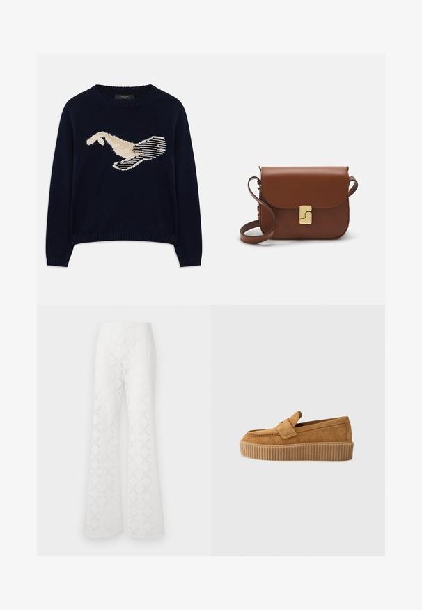 Granatowy sweter w dzianinę z kremową grafiką przedstawiającą ptaka. Wzór zawiera liniowe motywy oraz ściągacz na dekolcie i mankietach.; Białe, rozszerzane spodnie z teksturowanej tkaniny, zdobione wzorem w diamenty. Pas jest gładki, bez widocznych elementów metalowych czy akcentów.; Brązowe zamszowe mokasyny z okrągłym noskiem, z wyprofilowaną podeszwą platformową i dekoracyjnym paskiem na górze.; Brązowa skórzana torebka na ramię z klapką, złotymi detalami, paskiem na ramię i gładką teksturą. Kompaktowy prostokątny kształt.