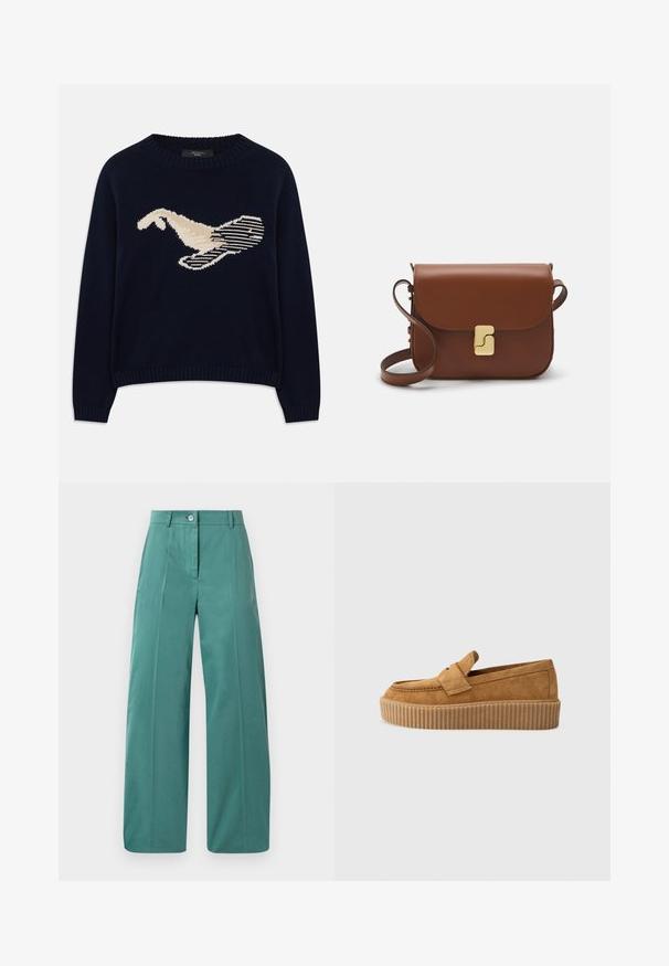 Marineblauwe gebreide trui met een crèmekleurige graphic van een vogel. Het ontwerp bevat lineaire patronen en een geribde halslijn en manchetten.; Wijdlopende broeken van een zachte teal stof, met een knoopsluiting aan de voorkant, scherpe plooien en een gladde textuur. Tailored ontwerp met minimale accenten.; Bruine suède instapper met een ronde neus, voorzien van een ribbelige platformzool en een decoratieve band over de bovenkant.; Bruine leren handtas met een klep sluiting, gouden hardware, een schouderband en een gladde textuur. Compact rechthoekige vorm.