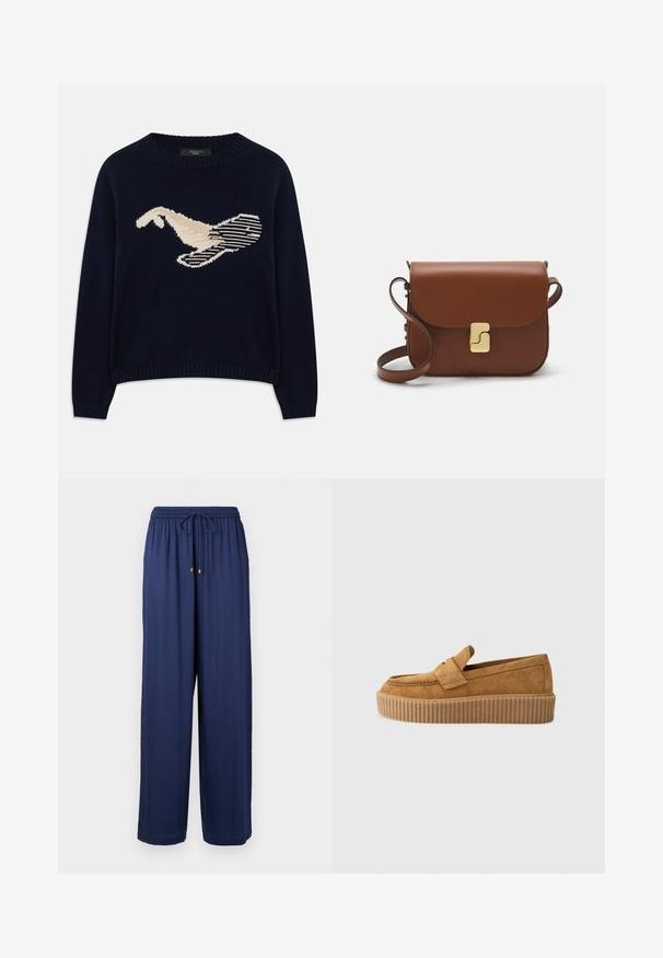 Navy blue neulepaita, jossa on kermanvärinen linnugrafiikka. Suunnittelussa on viivamaisia kuvioita sekä ribbireunat kauluksessa ja hihoissa.; Laivansiniset leveälahkeiset housut, joissa on joustava vyötärö ja naru, varustettu kultaisilla metallikoristeilla narun päissä. Pehmeä kangas.; Kastanjanruske mokasiner med rund tå, som har en ribbet plattformssåle og en dekorativ stropp over vristen.; Ruskea nahkainen käsilaukku, jossa on läppäkiinnitys, kultasävyiset yksityiskohdat, olkahihna ja sileä pinta. Kompaktin suorakaiteen muotoinen.