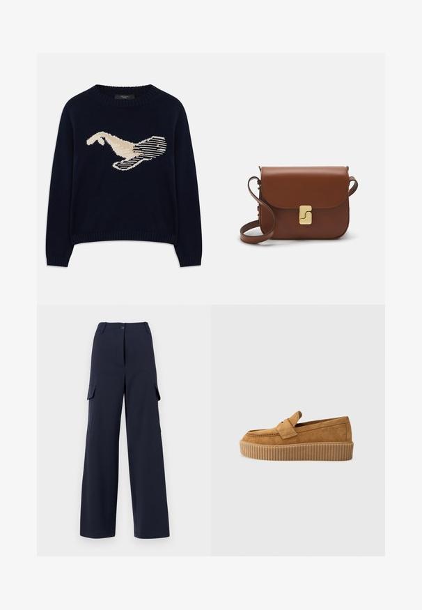 Dunkelblauer Strickpullover mit einem cremefarbenen Grafikdesign eines Vogels. Das Design umfasst lineare Muster sowie ein geripptes Halsbündchen und Manschetten.; Marinefarbene Cargo-Hose mit geradem Bein, ausgestattet mit zwei Seitentaschen, einem vorderen Knopfverschluss und einer glatten Stoffoberfläche.; Brauner Wildleder-Loafer mit runder Zehenform, ausgestattet mit einer gerippten Plattformsohle und einem dekorativen Riemen über dem Obermaterial.; Braune Ledertasche mit Klappenverschluss, Beschlägen in Goldfarbe, einem Schultergurt und einer glatten Oberfläche. Kompakte rechteckige Form.