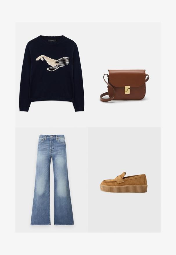 Tumed sinine kudum-sweater, millel on kreemjas värvuses lindude graafika. Kujundus sisaldab lineaarseid mustreid ning soonikkoes krae ja varrukaotsi.; Heled sinised denim laiad püksid kõrge vöökohaga, millel on pleekinud detailid ja õmmeldud aktsendid, kujundatud lõdva istuvusega.; Pruun nubukloafer ümmarguse varbaga, ribadega platvormi tallaga ja dekoratiivse rihmaga ülevalt.; Pruunist nahast käekott, millel on klapiga sulgur, kuldne riistvara, õlarihm ja sile tekstuur. Kompaktne ristkülikukujuline vorm.
