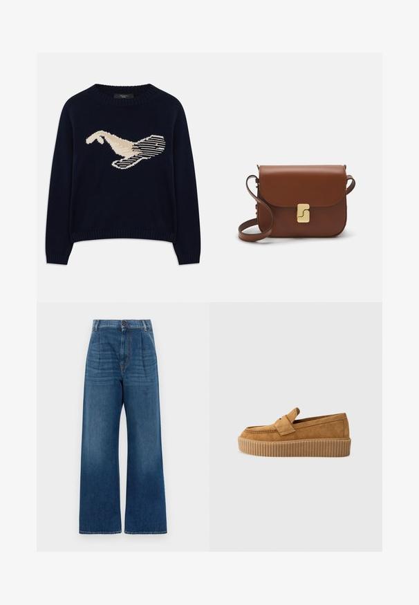 Marineblauwe gebreide trui met een crèmekleurige graphic van een vogel. Het ontwerp bevat lineaire patronen en een geribde halslijn en manchetten.; Hoge taille, wijde blauwe jeans van denim. Heeft een knoopsluiting aan de voorkant, plooien en een subtiele vervaging van donkerblauw naar lichtblauw aan de zoom.; Bruine suède instapper met een ronde neus, voorzien van een ribbelige platformzool en een decoratieve band over de bovenkant.; Bruine leren handtas met een klep sluiting, gouden hardware, een schouderband en een gladde textuur. Compact rechthoekige vorm.