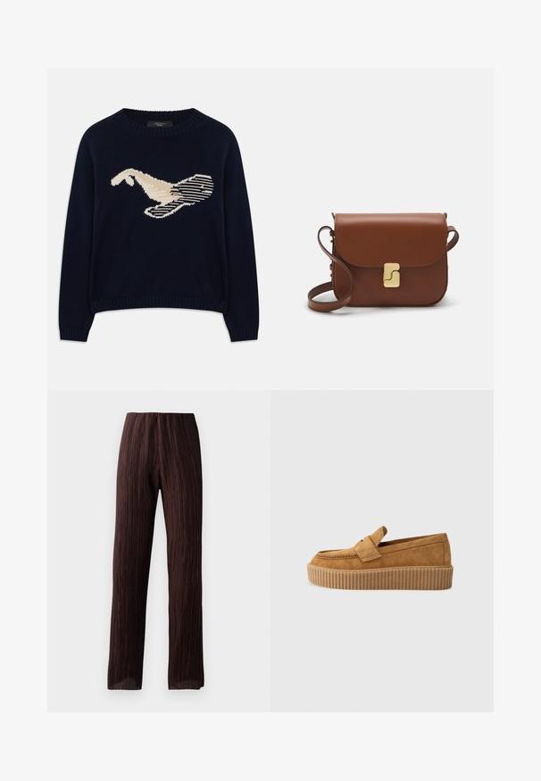 Marineblauwe gebreide trui met een crèmekleurige graphic van een vogel. Het ontwerp bevat lineaire patronen en een geribde halslijn en manchetten.; Bruine wijde broek met geplooid design, hoge tailleband en een vloeiende uitstraling. Gemaakt van lichtgewicht stof. Geen zichtbare sluitingen.; Bruine suède instapper met een ronde neus, voorzien van een ribbelige platformzool en een decoratieve band over de bovenkant.; Bruine leren handtas met een klep sluiting, gouden hardware, een schouderband en een gladde textuur. Compact rechthoekige vorm.