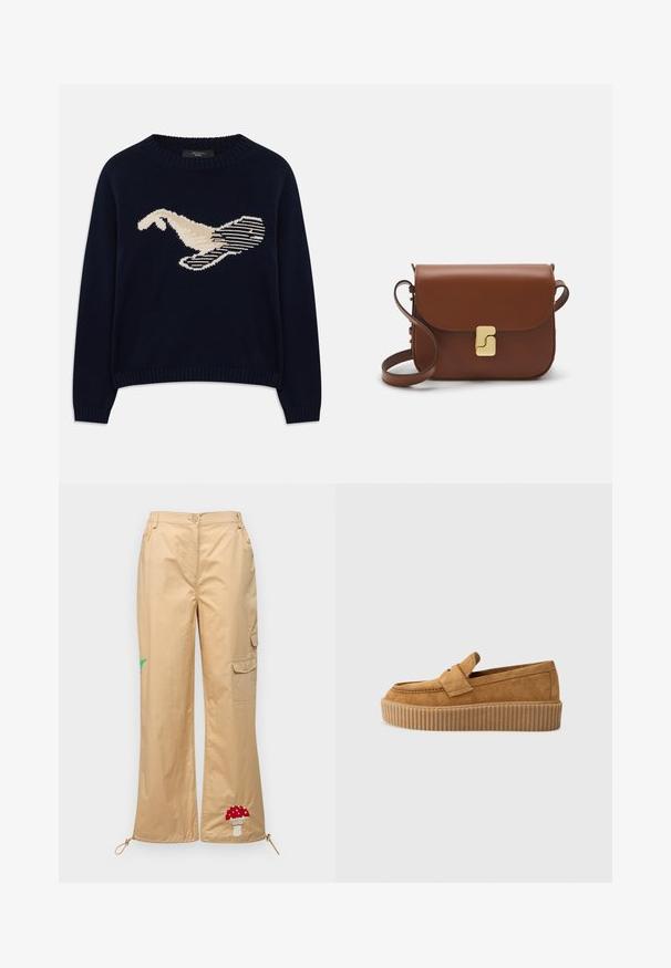 Tengerészkék kötött pulóver, amelyen egy krémszínű madár grafika található. A dizájn vonalas mintákat és bordázott nyakat, valamint mandzsettákat tartalmaz.; Sima anyagból készült bézs cargo nadrág, hímzett gombával és pálmalevéllel, állítható szegéllyel és oldalsó zsebekkel.; Barna velúr lódon, kerek orral, bordázott platform talppal és díszes pánttal a felső részen.; Barna bőr kézitáska, hajtókás zárással, arany színű fém kiegészítőkkel, vállpánttal és sima felülettel. Kompakt téglalap alakú.