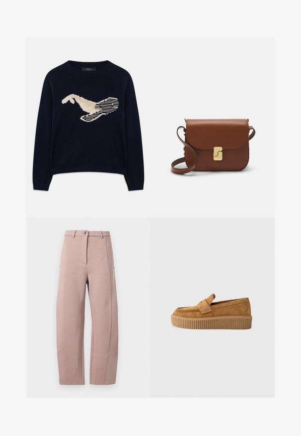 Tumši zilas krāsas adīta džemperis ar krēmkrāsas putna grafiku. Dizains ietver lineāras formas un ribota apkakli un piedurknes.; Bikses no mīksta, gaiši rozā auduma ar taisnu griezumu, ar priekšējo rāvējslēdzēju, pogu aizdari un sānu kabatām. Gluda tekstūra ar šuvju detaļām.; Brūni zamšādas loafers ar apaļu purngalu, ar ribotu platformas zoli un dekoratīvu siksnu pāri augšdaļai.; Bordo ādas rokas soma ar atloku, zeltītām detaļām, plecu siksnu un gludu virsmu. Kompakta, taisnstūrveida forma.
