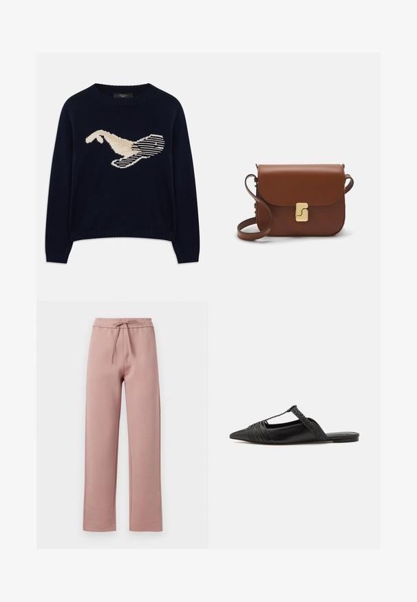 Tumši zilas krāsas adīta džemperis ar krēmkrāsas putna grafiku. Dizains ietver lineāras formas un ribota apkakli un piedurknes.; Mīksti rozā auduma sporta bikses ar gumiju jostasvietā, platām kājām un taisnu apakšmalu ar smalkiem stitching akcentiem.; Melnas ādas slingback kurpes ar norādītu purngali, kurām ir austoša akcenta un krokota augšdaļa. Plakana zole ar minimālu aparatūru.; Bordo ādas rokas soma ar atloku, zeltītām detaļām, plecu siksnu un gludu virsmu. Kompakta, taisnstūrveida forma.